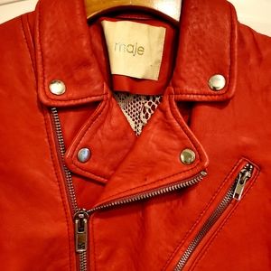 Maje coral red leather moto jacket